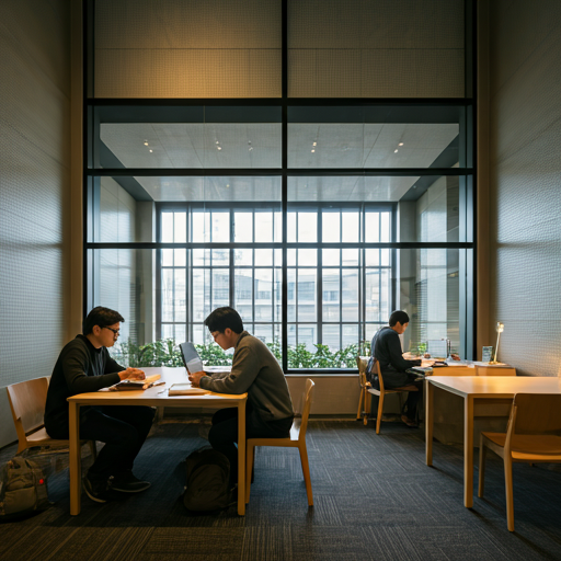 Students collaborating in a modern brightly lit workspace